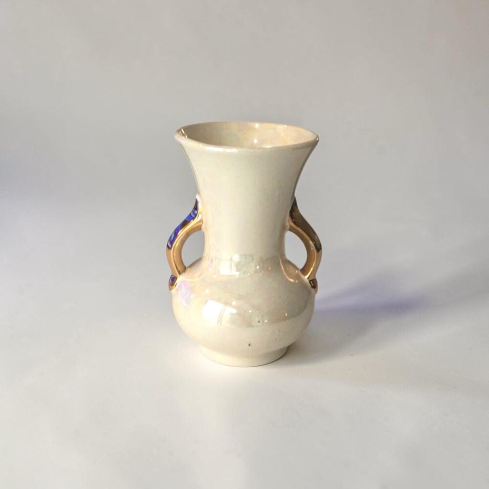 Pioneer Pottery USA 6 Inch Lusterware Vase Double Handle Warranted 22K Gold